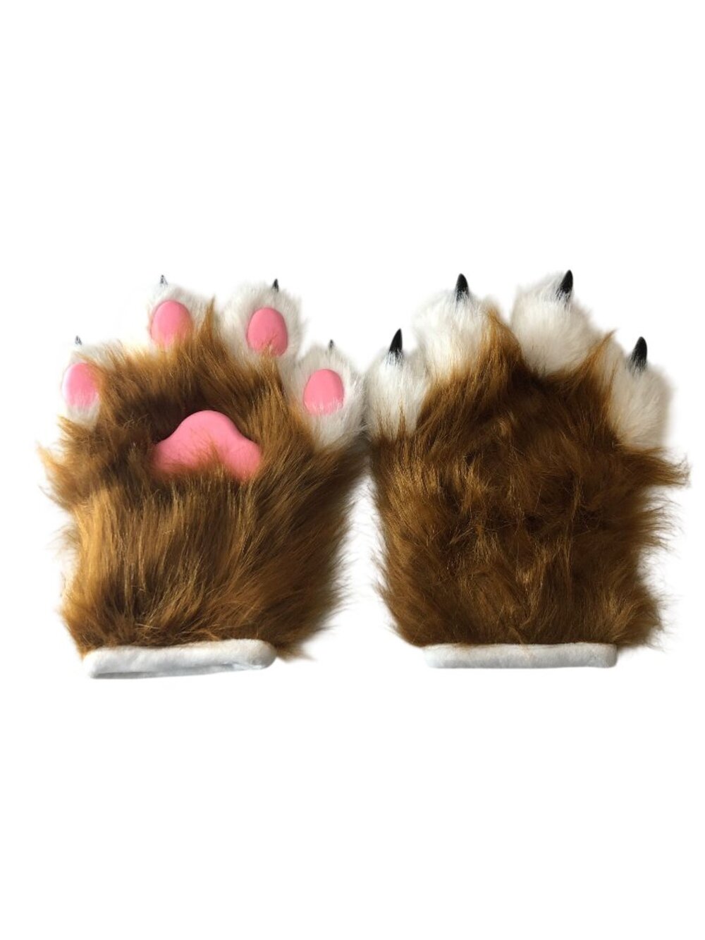 Furry Brown Wolf Cat Paw Gloves Pink Pads & Claws Costume Cosplay Adult One Size